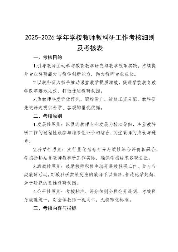 2026学年学校教师教科研工作考核细则及考核表