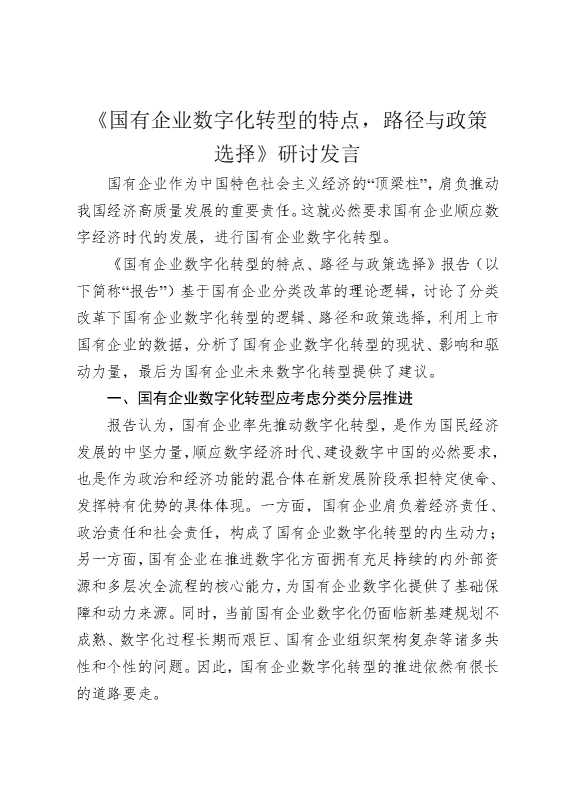 《国有企业数字化转型的特点，路径与政策选择》研讨发言