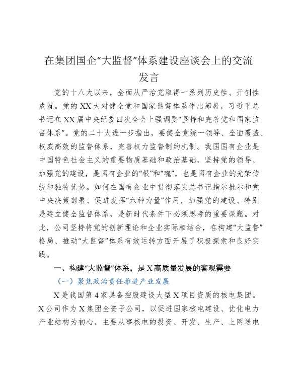在集团国企“大监督”体系建设座谈会上的交流发言