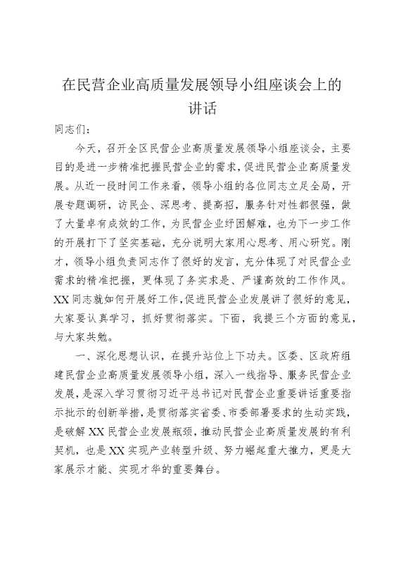 在民营企业高质量发展领导小组座谈会上的讲话