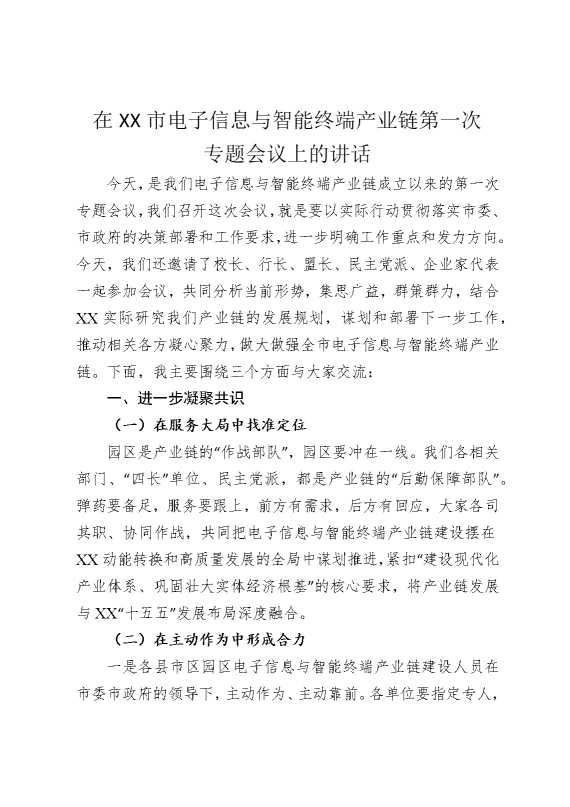 在某某市电子信息与智能终端产业链第一次专题会议上的讲话