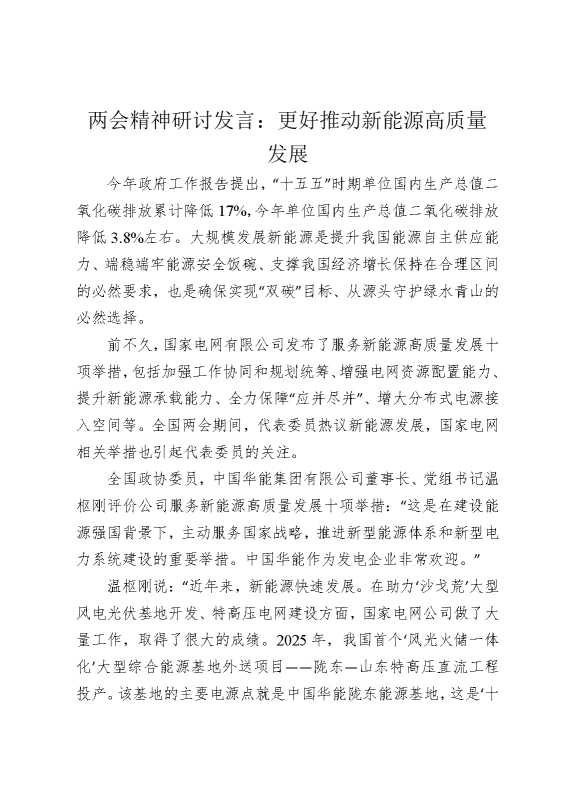 两会精神研讨发言：更好推动新能源高质量发展