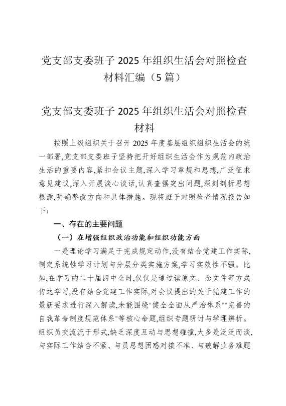 党支部支委班子2025年组织生活会对照检查材料汇编（5篇）