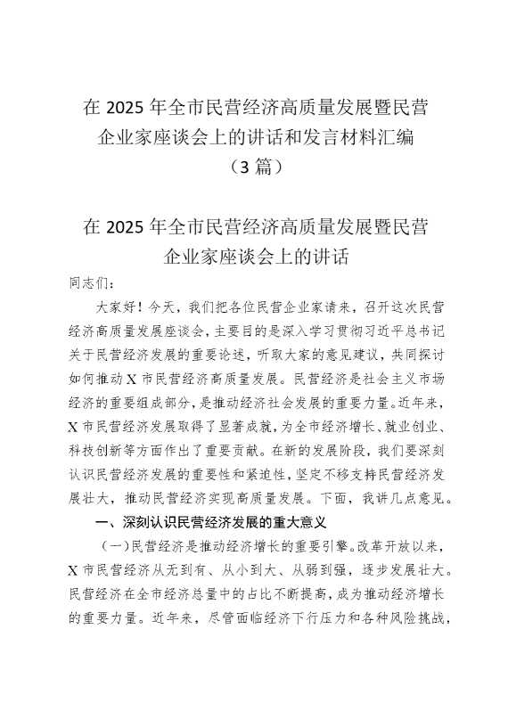 在2025年全市民营经济高质量发展暨民营企业家座谈会上的讲话和发言汇编（3篇）