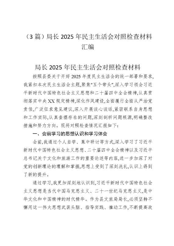 （3篇）局长2025年民主生活会对照检查材料汇编