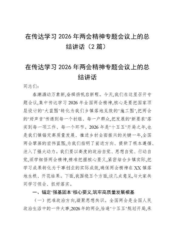 在传达学习2026年两会精神专题会议上的总结讲话（2篇）