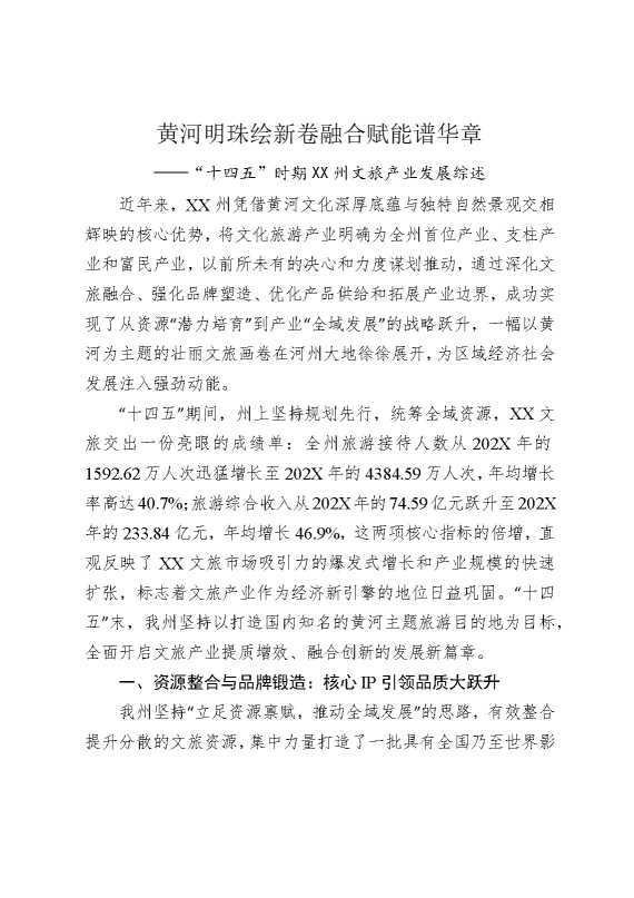 黄河明珠绘新卷，融合赋能谱华章——“十四五”时期某某州文旅产业发展综述