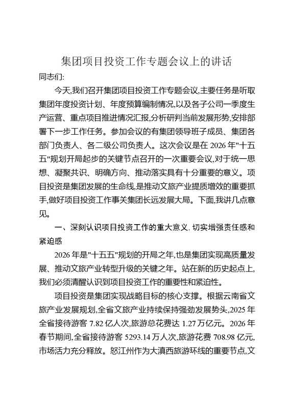 集团项目投资工作专题会议上的讲话