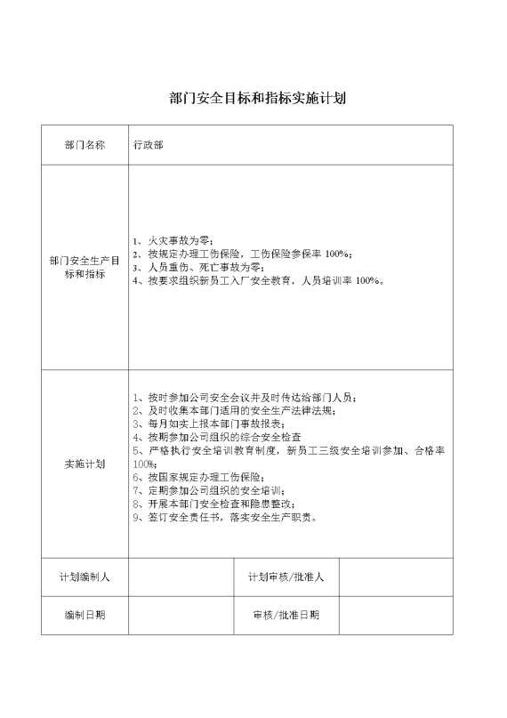 部门安全目标和指标实施计划