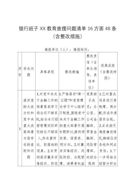银行班子某某教育查摆问题清单16方面48条（含整改措施）