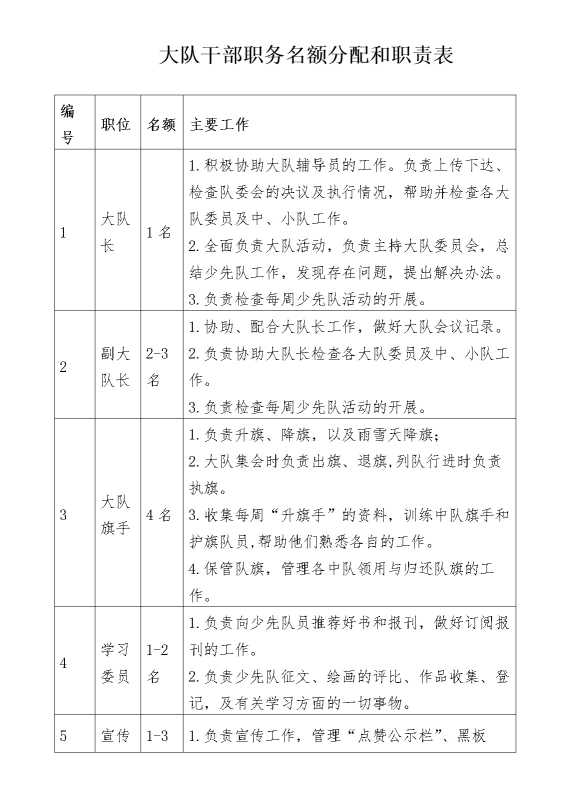 大队干部职务名额分配和职责表