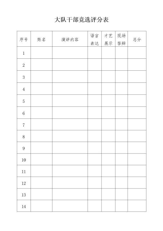大队干部竞选评分表
