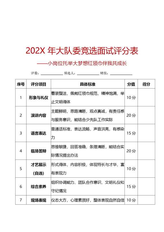 2026年大队委竞选面试评分表：小岗位托举大梦想，红领巾伴我共成长