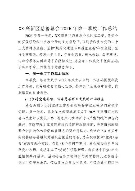 某某高新区慈善总会2026年第一季度工作总结