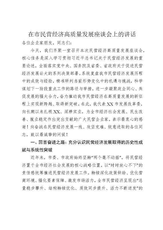 在市民营经济高质量发展座谈会上的讲话