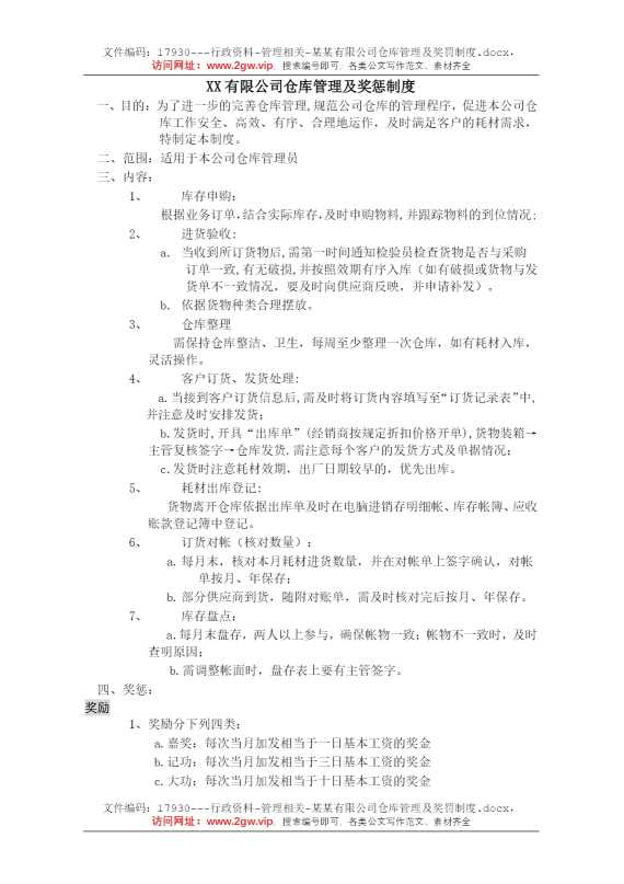 某某有限公司仓库管理及奖罚制度