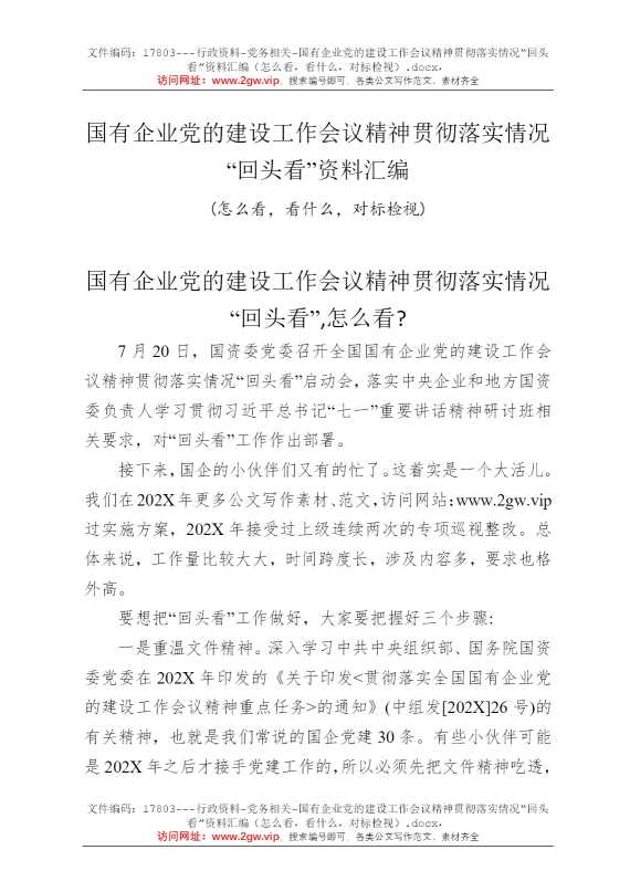 国有企业党的建设工作会议精神贯彻落实情况“回头看”资料汇编（怎么看，看什么，对标检视）
