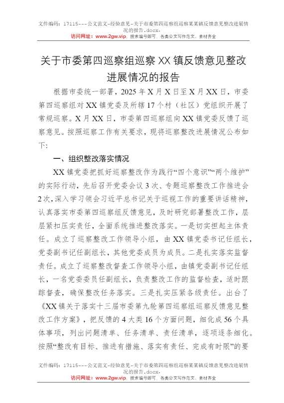 关于市委第四巡察组巡察某某镇反馈意见整改进展情况的报告