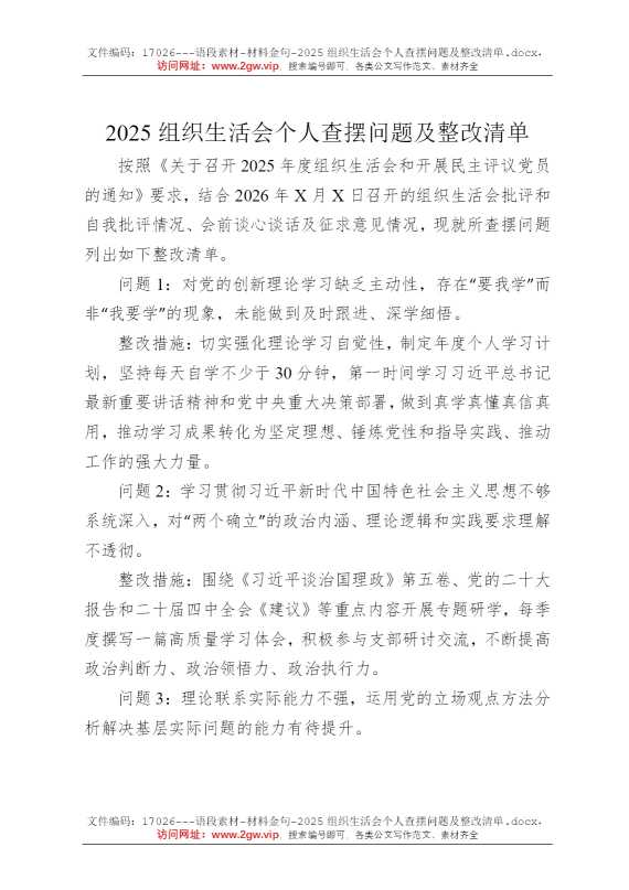 2025组织生活会个人查摆问题及整改清单