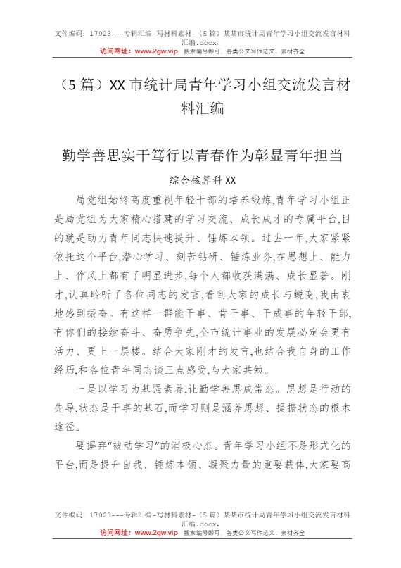 （5篇）某某市统计局青年学习小组交流发言材料汇编