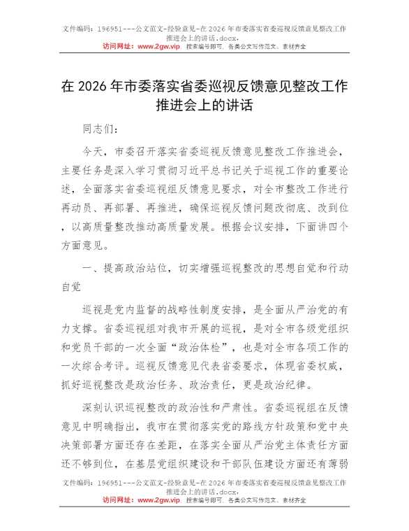 在2026年市委落实省委巡视反馈意见整改工作推进会上的讲话
