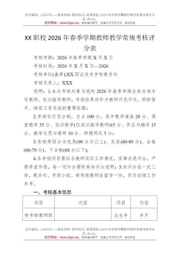 某某职校2026年春季学期教师教学常规考核评分表