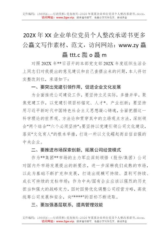 2026年某某企业单位党员个人整改承诺书
