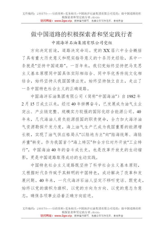 中国海洋石油集团有限公司党组：做中国道路的积极探索者和坚定践行者