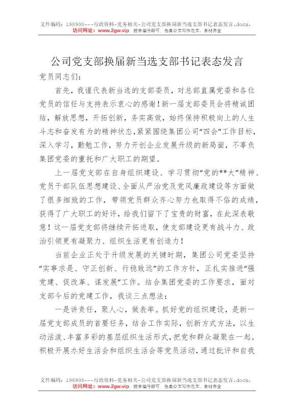 公司党支部换届新当选支部书记表态发言