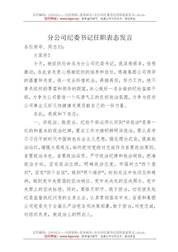 分公司纪委书记任职表态发言