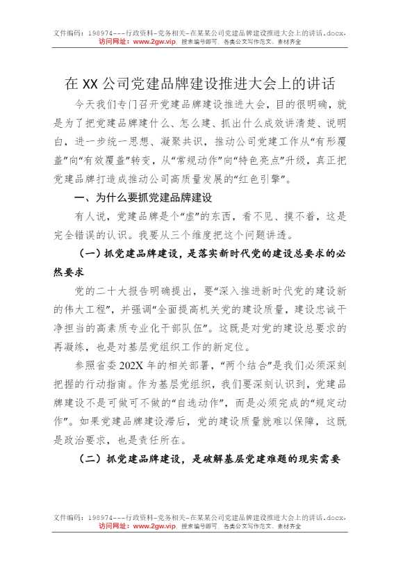 在某某公司党建品牌建设推进大会上的讲话