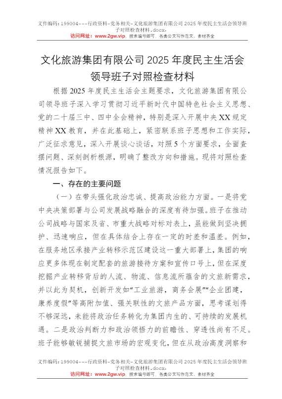 文化旅游集团有限公司2025年度民主生活会领导班子对照检查材料