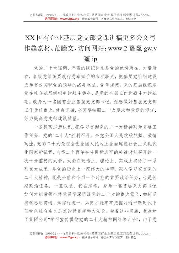 某某国有企业基层党支部党课讲稿