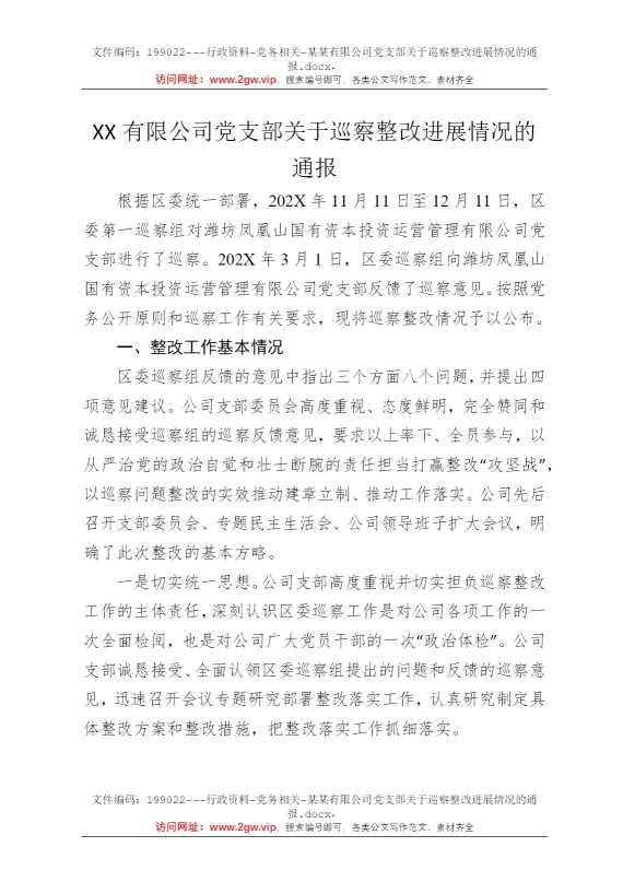 某某有限公司党支部关于巡察整改进展情况的通报