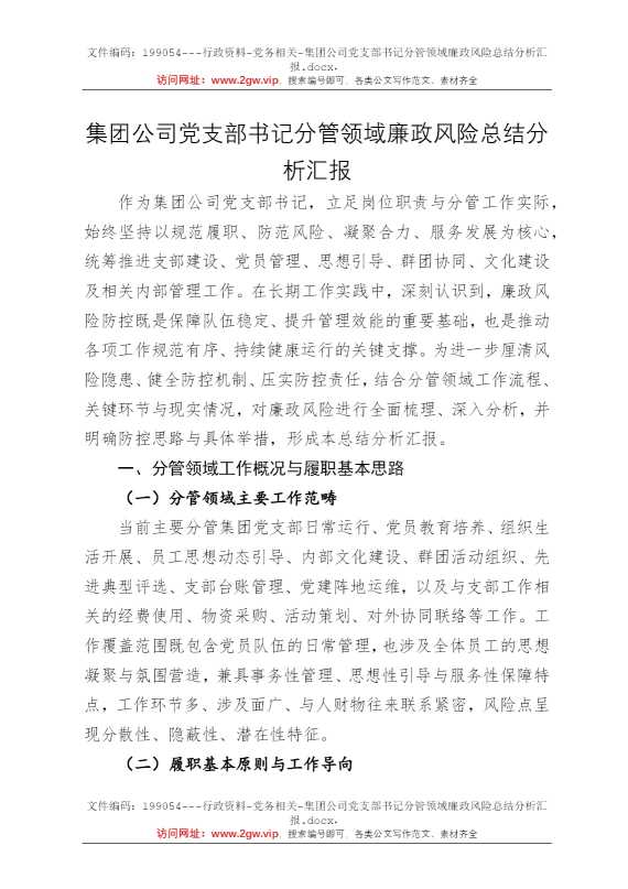 集团公司党支部书记分管领域廉政风险总结分析汇报