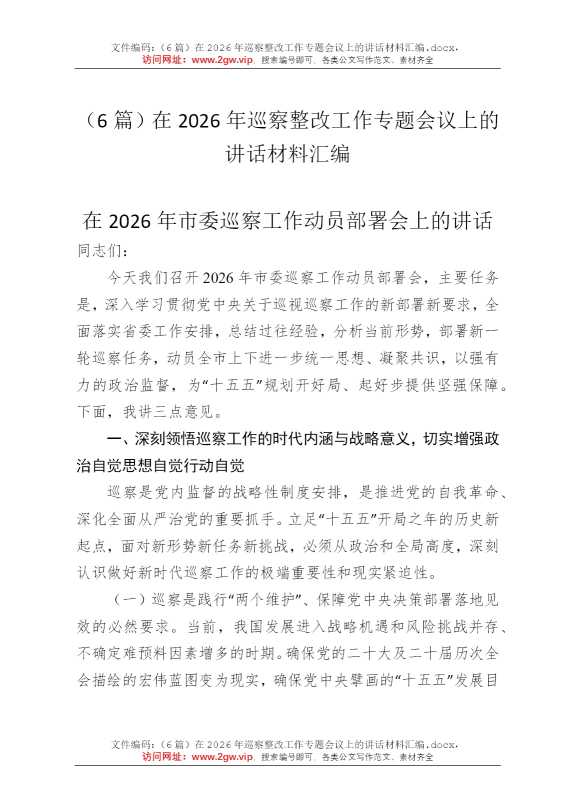 （6篇）在2026年巡察整改工作专题会议上的讲话材料汇编