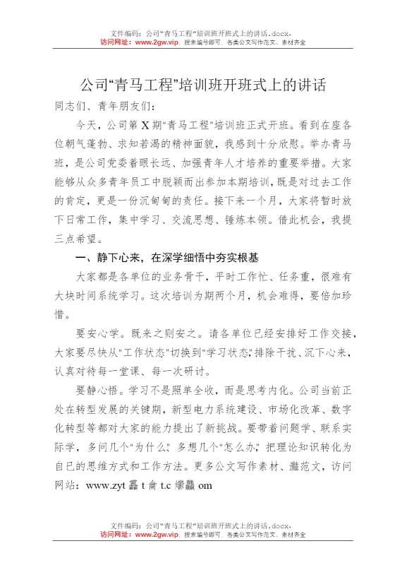 公司“青马工程”培训班开班式上的讲话