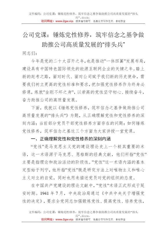 公司党课：锤炼党性修养，筑牢信念之基争做助推公司高质量发展的”排头兵”