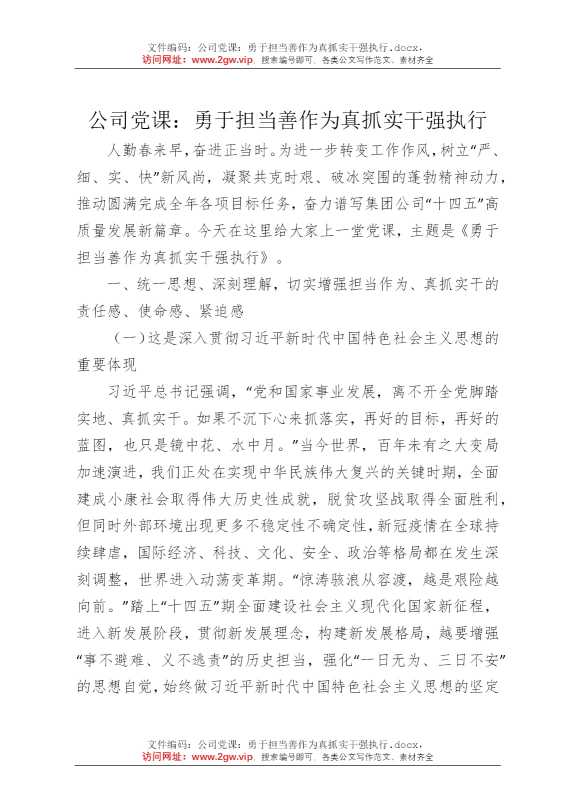 公司党课：勇于担当善作为真抓实干强执行