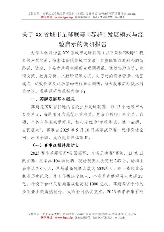 关于某某省城市足球联赛（苏超）发展模式与经验启示的调研报告