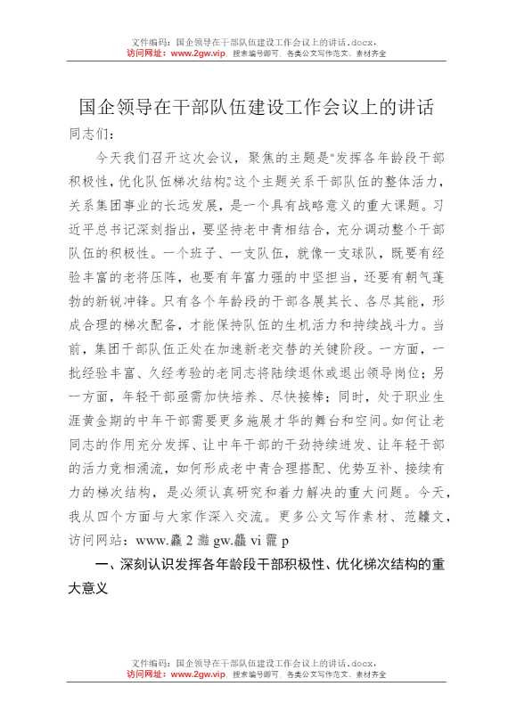 国企领导在干部队伍建设工作会议上的讲话