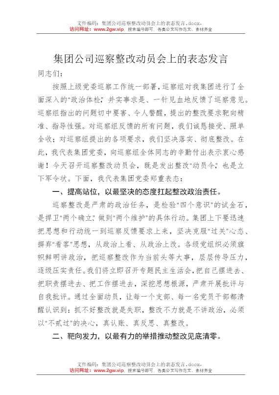 集团公司巡察整改动员会上的表态发言