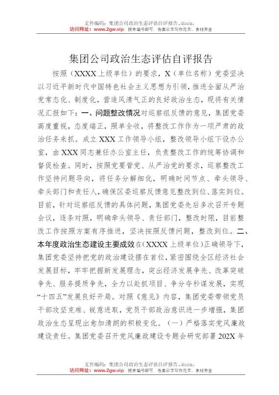 集团公司政治生态评估自评报告