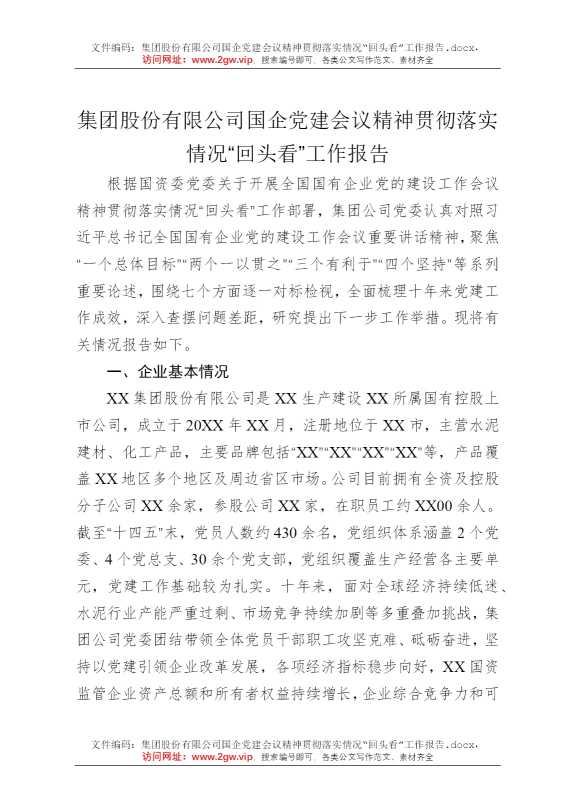 集团股份有限公司国企党建会议精神贯彻落实情况“回头看”工作报告