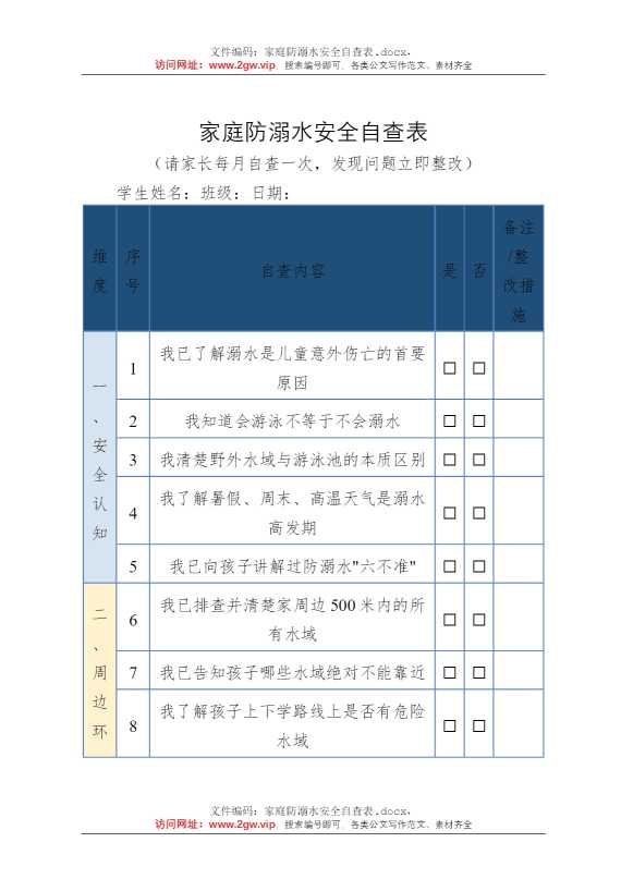 家庭防溺水安全自查表