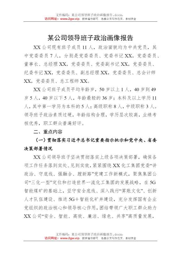 某公司领导班子政治画像报告