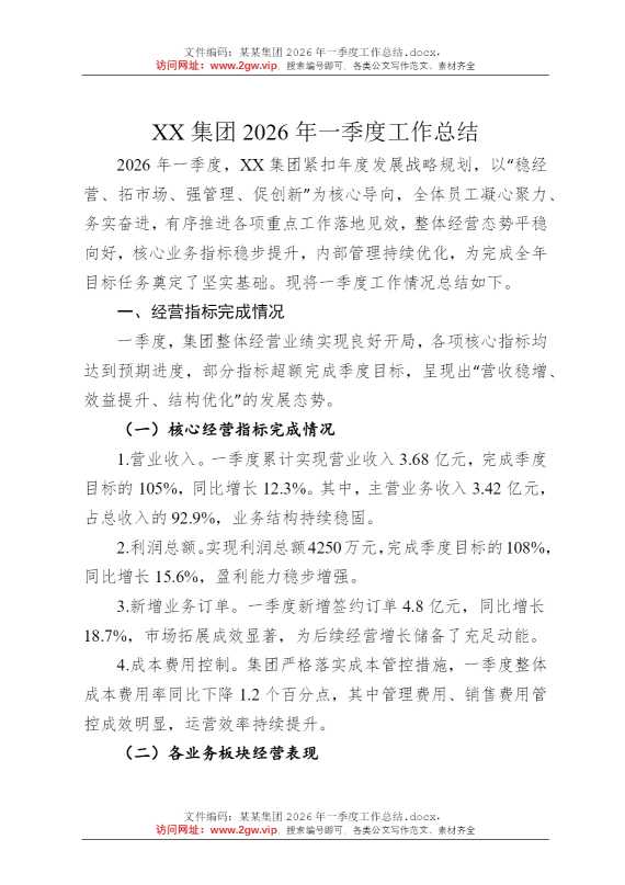 某某集团2026年一季度工作总结