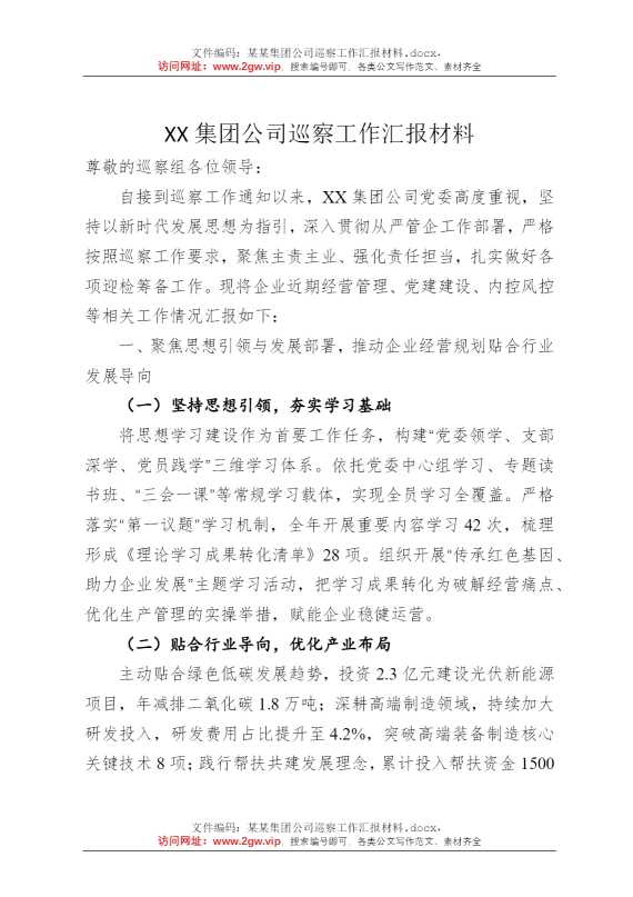 某某集团公司巡察工作汇报材料