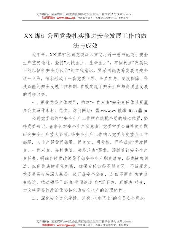 某某煤矿公司党委扎实推进安全发展工作的做法与成效