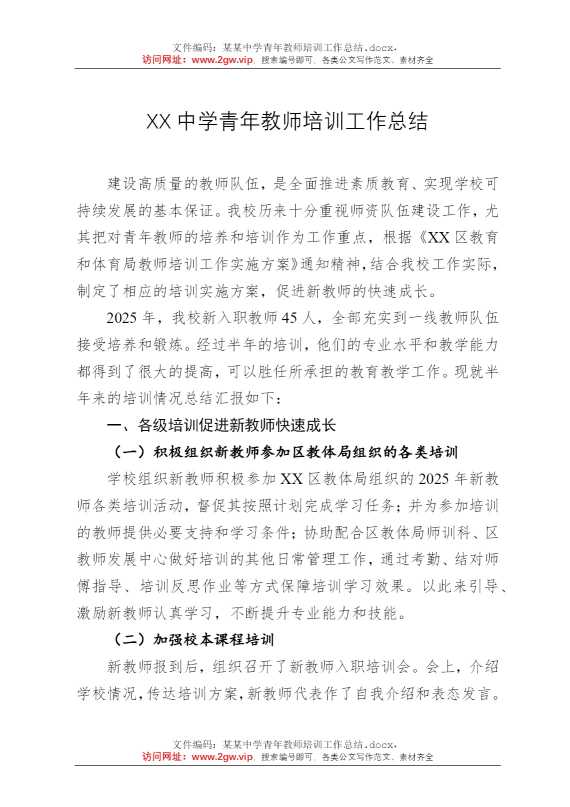 某某中学青年教师培训工作总结